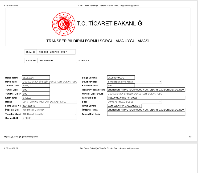 Turkey Ministry of Trade transfer form query sample