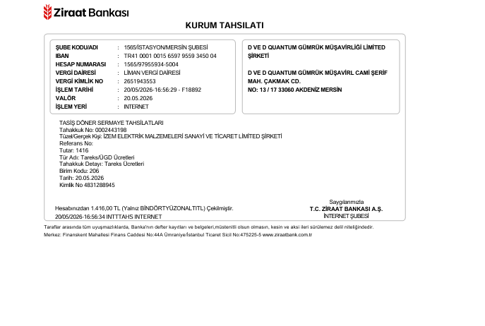 Turkey Ziraat Bank collection receipt sample