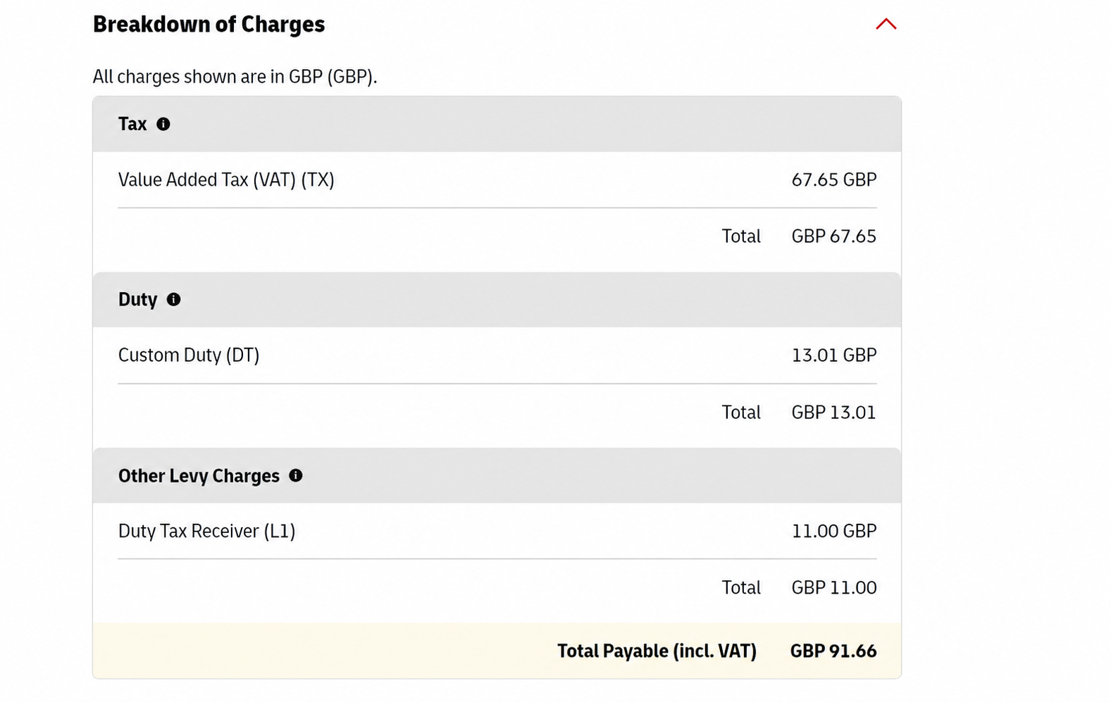 英国 DHL VAT Duty Duty Tax Receiver 费用拆解脱敏样张