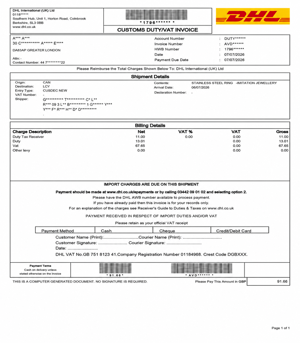 英国 DHL Customs Duty VAT Invoice GBP 91.66 脱敏样张