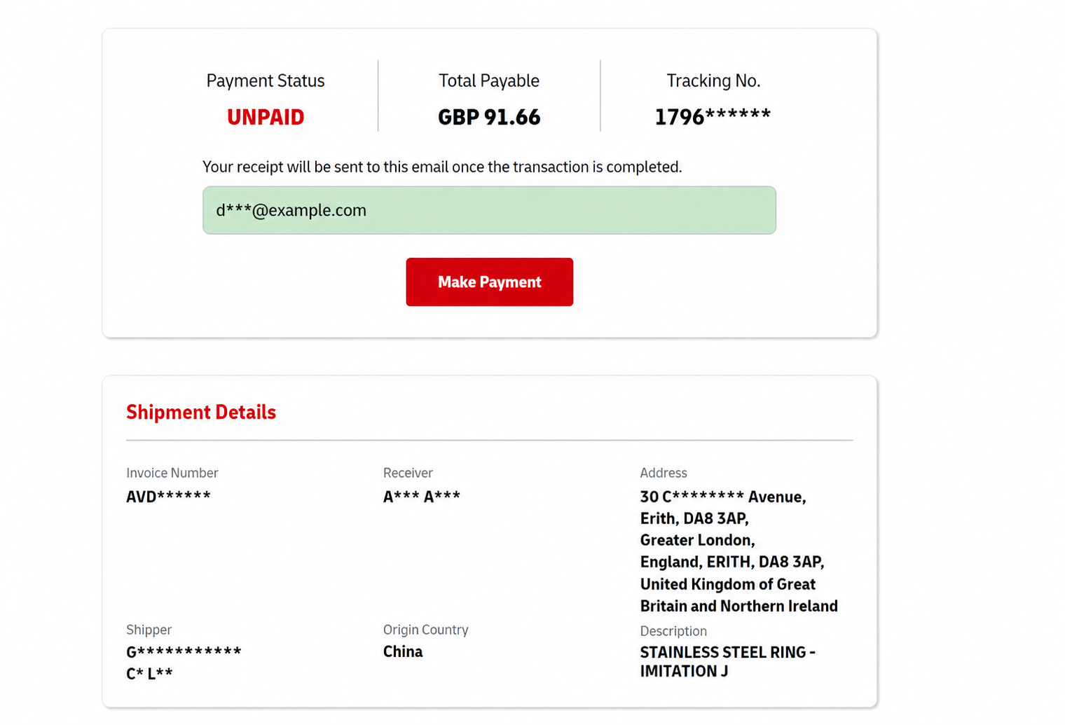 英国 DHL payment status unpaid GBP 91.66 脱敏样张