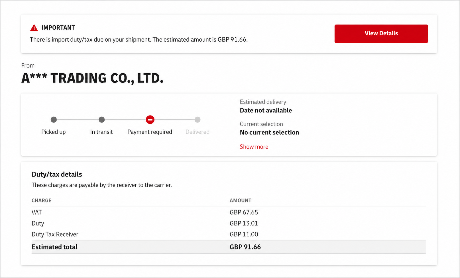 英国 DHL 显示 import duty tax due GBP 91.66 脱敏样张