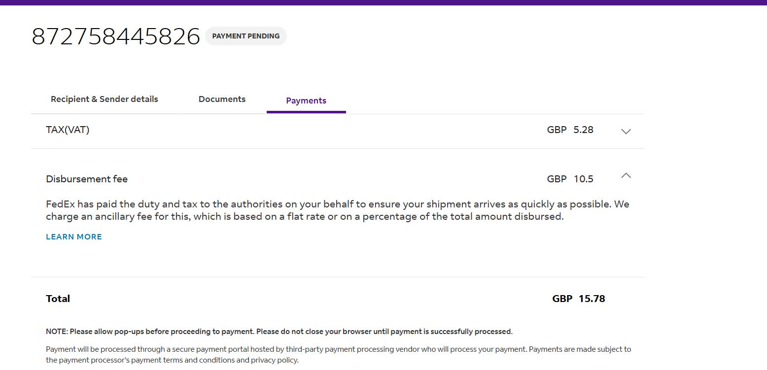 FedEx UK disbursement fee GBP 10.50 total GBP 15.78 sample