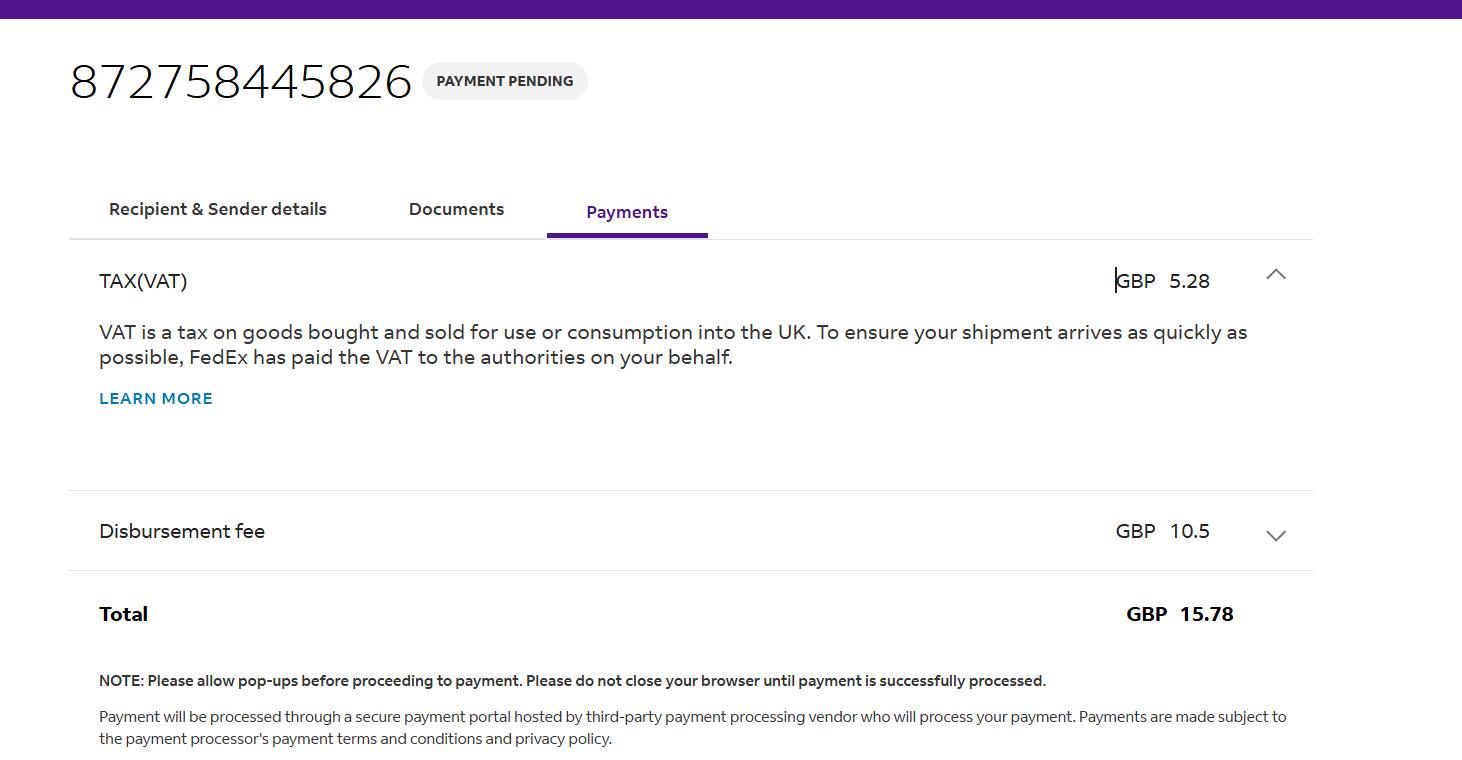 FedEx UK payment VAT GBP 5.28 sample