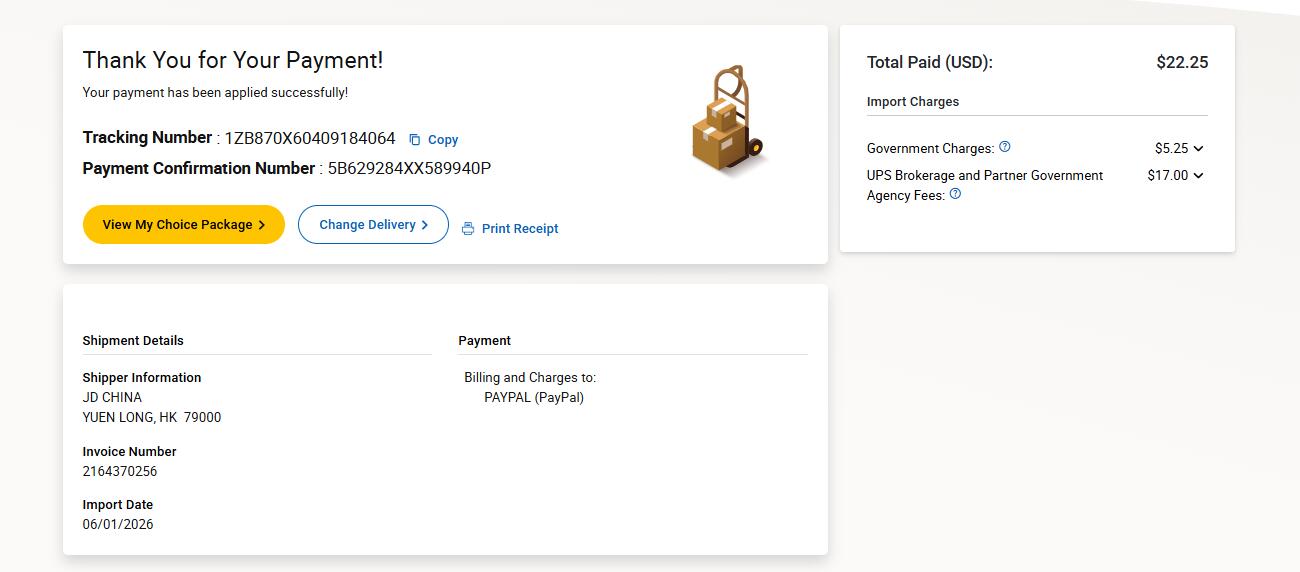 UPS United States payment confirmation import charges sample