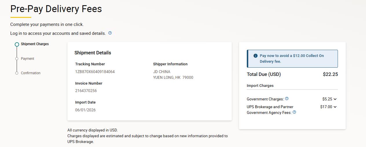 UPS United States pre-pay delivery fees import charges sample