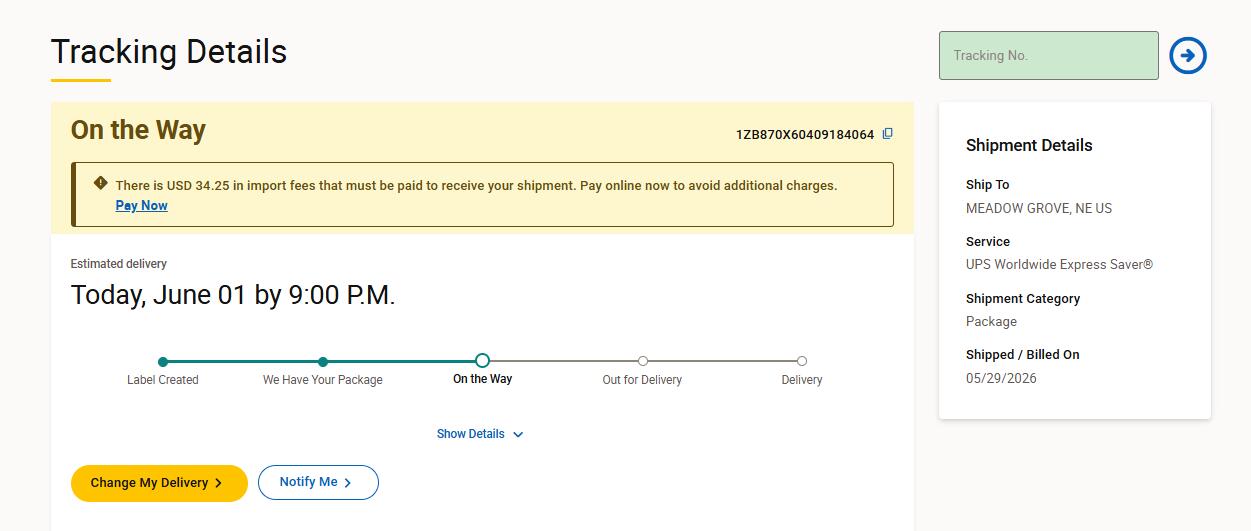UPS United States tracking page import fees due sample