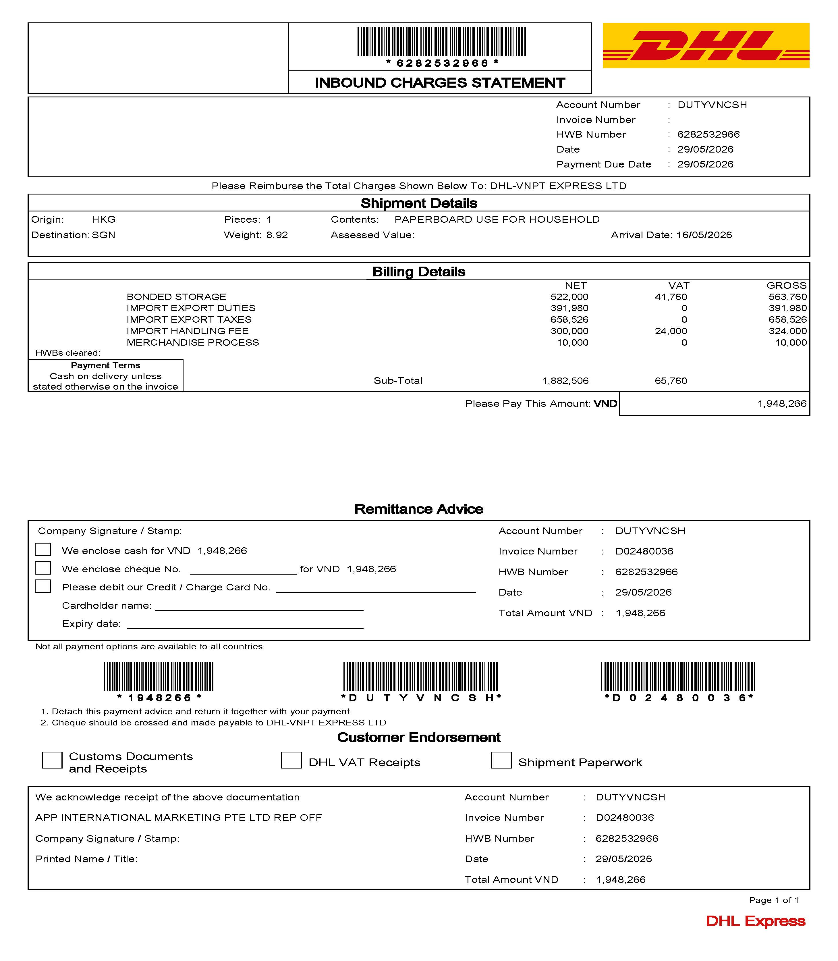 DHL Vietnam inbound charges statement sample for Ho Chi Minh City