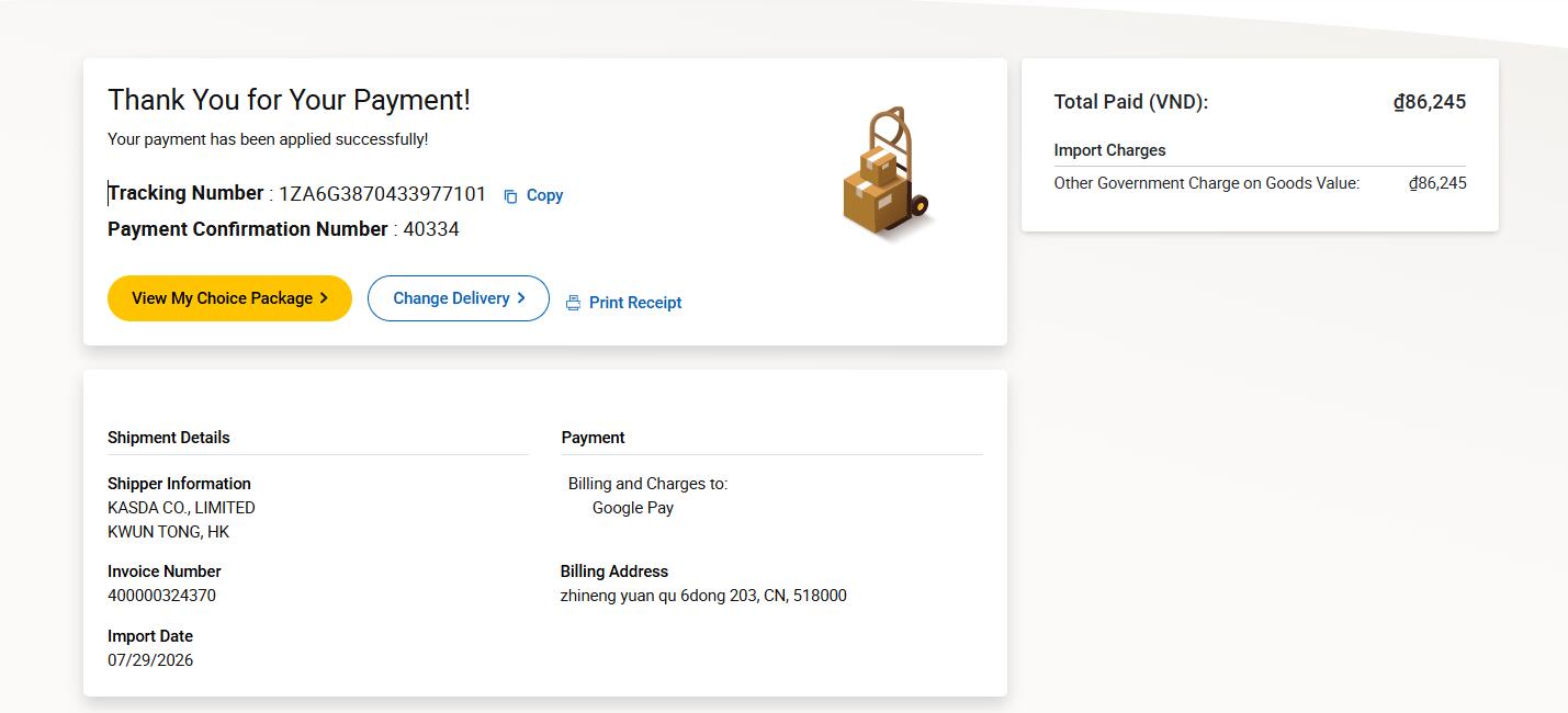 UPS Vietnam Google Pay payment confirmation showing VND 86,245 paid