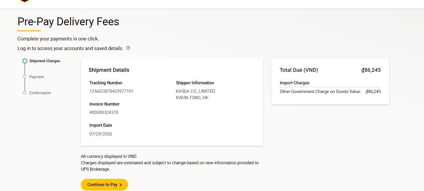 UPS Vietnam pre-pay delivery fees showing VND 86,245 total due