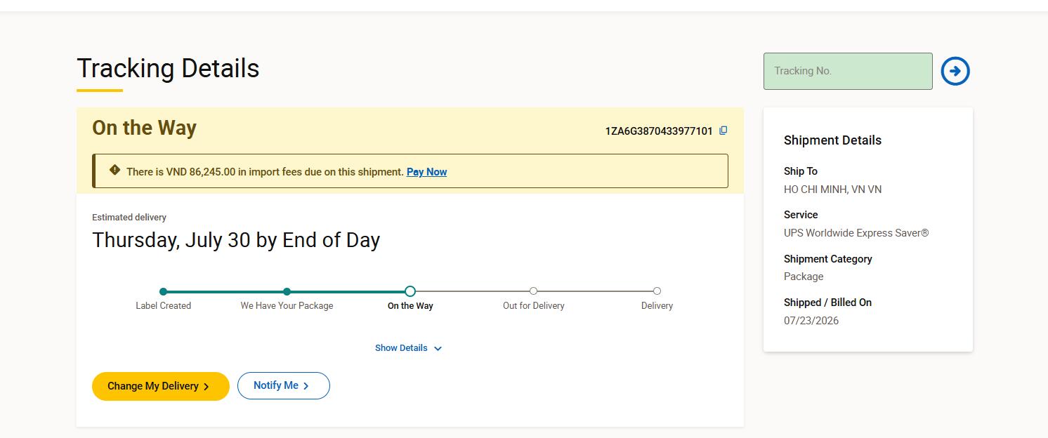UPS Vietnam tracking page showing VND 86,245 import fees due