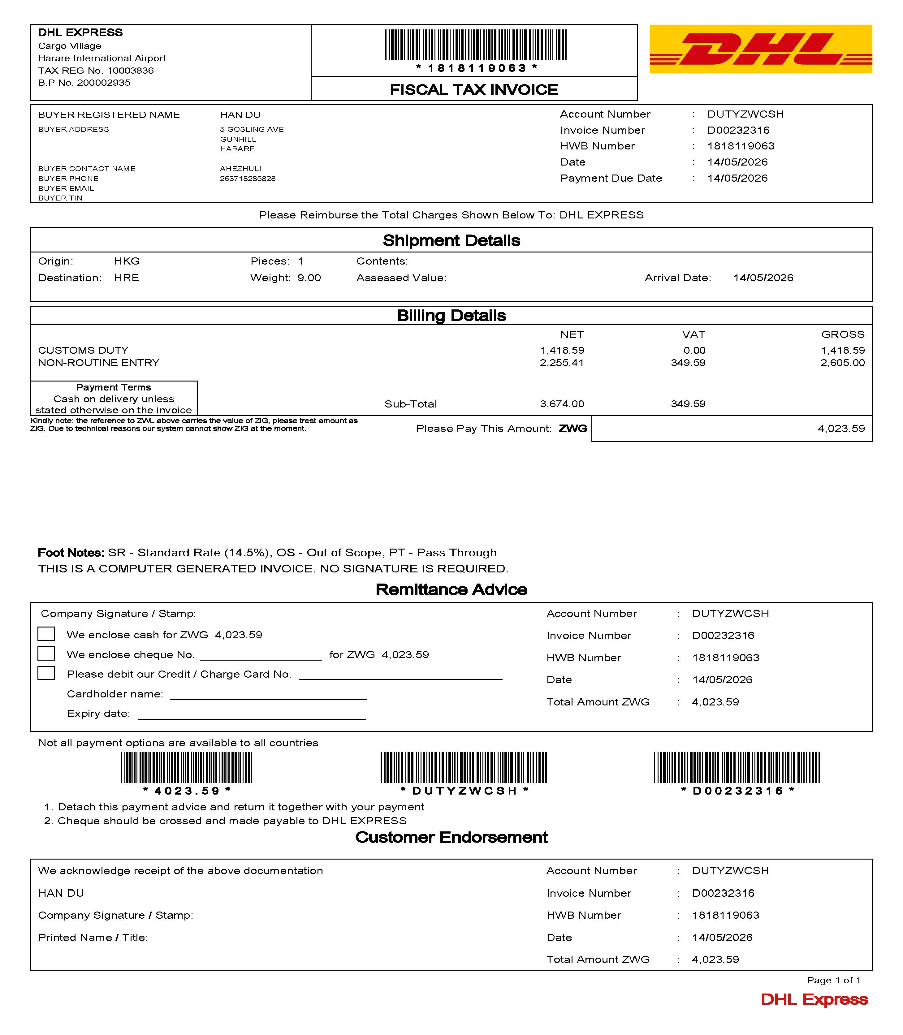 DHL Zimbabwe fiscal tax invoice sample